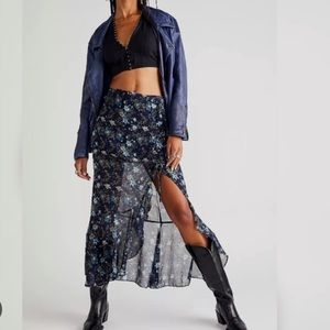 Free People Femme Edge Ruffle Hem Floral Maxi Skirt in Blue Combo